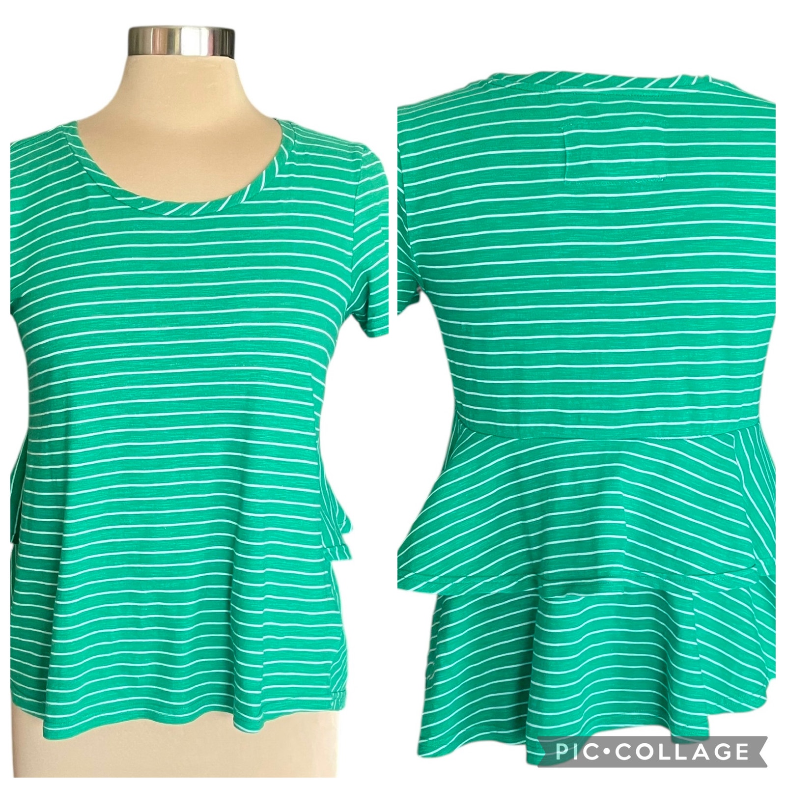 By Anthropologie Kelly Green White Stripe T-Shirt Ruffled Back Sz Small Preppy